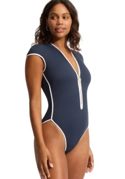 Beach Bound Zip Front Swimsuit Navy