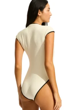 Beach Bound Zip Front Swimsuit Ecru