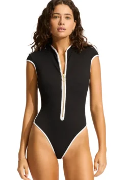 Beach Bound Zip Front Swimsuit Black