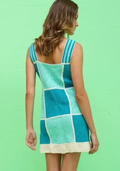 Crochet Checkered Mini Dress Blue