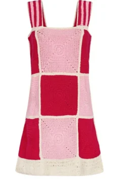 Crochet Checkered Mini Dress Pink