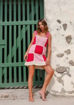 Crochet Checkered Mini Dress Pink