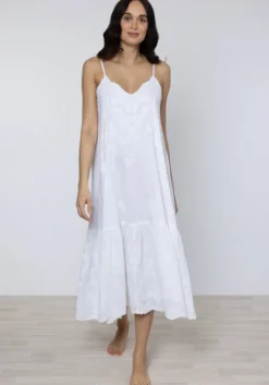 Embroidered V Neck Dress White