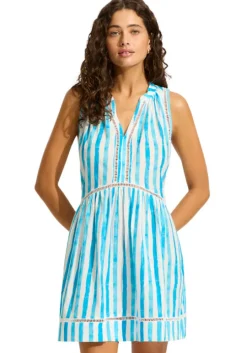 Isla Palm Ladder Dress Turquoise