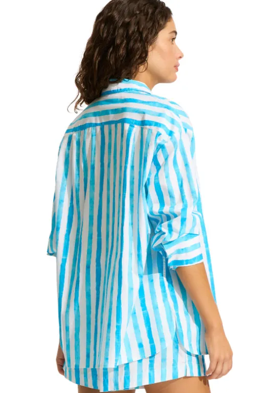 Isla Palm Oversized Beach Shirt Turquoise