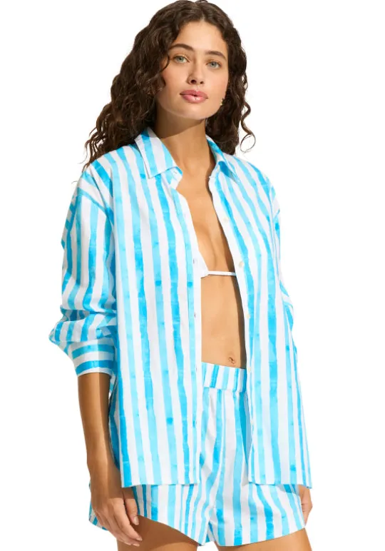 Isla Palm Oversized Beach Shirt Turquoise