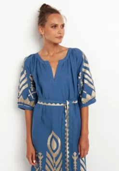 Maxi Kaftan with Feather Embroidery Indigo