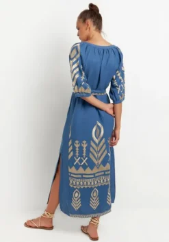 Maxi Kaftan with Feather Embroidery Indigo