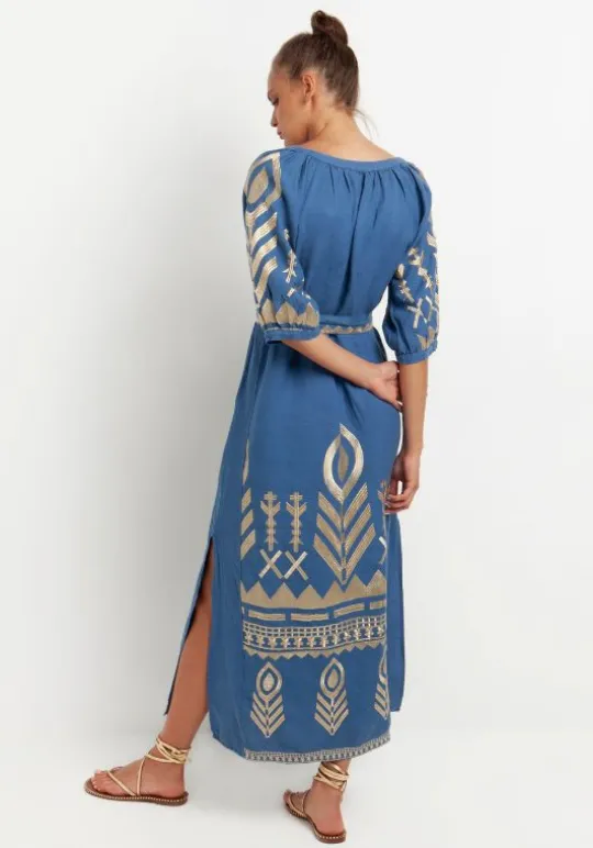 Maxi Kaftan with Feather Embroidery Indigo