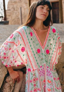 Mexican Embroidered V Neck Maxi Dress