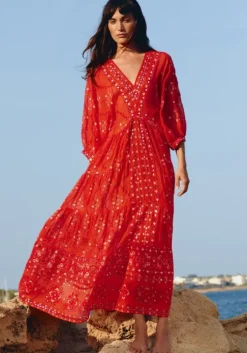 Red V Neck Mosaic Maxi Dress