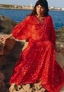 Red V Neck Mosaic Maxi Dress