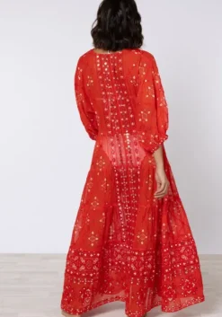 Red V Neck Mosaic Maxi Dress