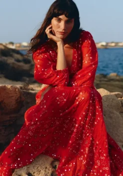 Red V Neck Mosaic Maxi Dress